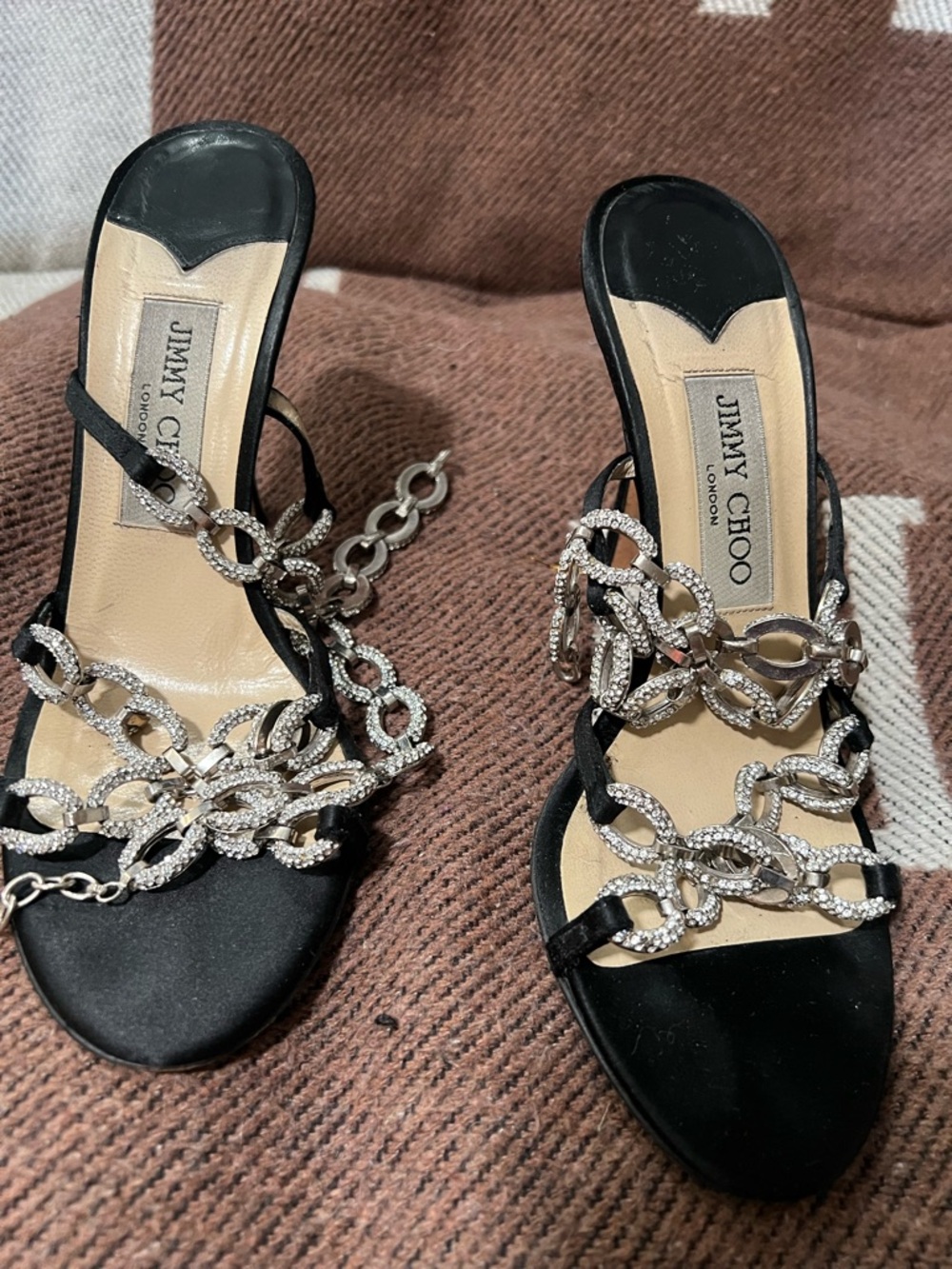 Jimmy Choo Black Satin Crystal Chain Slide Heels 7.5